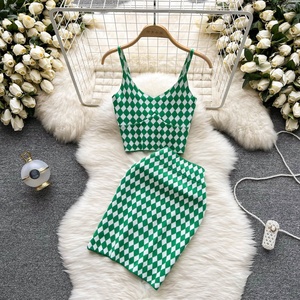 Sexy Sweet Elegant Halter Knit Set Women Thin Plaid Package Hip Short <b>Skirt</b> Two Piece Set - Product Image 3