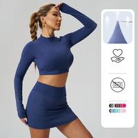 Ensemble de yoga 2 pièces style européen et américain à imprimé écossais, respirant et anti-transpiration, avec short ajusté et haut à manches longues pour le fitness et le sport