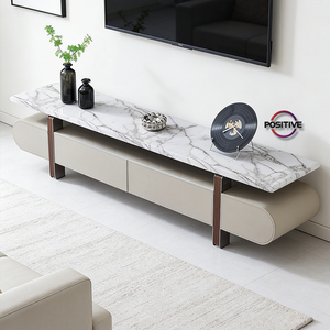 Mobile <span class=keywords><strong>TV</strong></span> Contemporaneo con Piano <span class=keywords><strong>in</strong></span> Marmo Naturale, <span class=keywords><strong>Base</strong></span> <span class=keywords><strong>in</strong></span> Pelle Morbida e Gambe <span class=keywords><strong>in</strong></span> Acciaio Inossidabile - Product Image 2