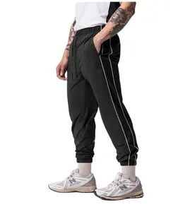 Men Plain Color Loose Fit Quick Dry Pants Soft Breathable Cuff Ankle Brandless Mesh Patch Side Stripes Sports Running Pants