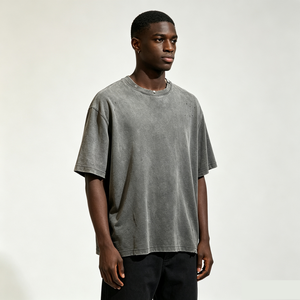 Camiseta de <span class=keywords><strong>hombre</strong></span> de algodón con efecto lavado a la piedra, desgastada, desgarrada, de corte holgado y corto, oversize, lisa, estilo vintage streetwear, de manga corta - Product Image 5