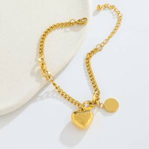 Stainless Steel Gold Plated Link <b>Chain</b> Heart Pendant Bracelet-Trendy Engraved Design Versatile Light Luxury Party Jewelry - Product Image 1
