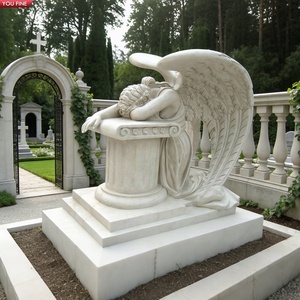 YOUFINE Pierre tombale en <span class=keywords><strong>marbre</strong></span> blanc sculptée à la main, motif ange pleurant avec croix, statue commémorative pour cimetière - Product Image 5