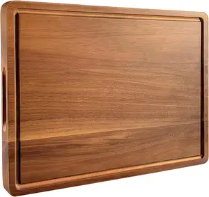 Tabla de cortar de cocina de madera de acacia grande, tabla de cortar de madera de doble cara con tanque de jugo y tabla de cortar con mango lateral
