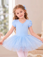Maillot de Ballet para Niñas con Mangas Abullonadas, Cuello en V, Lazo en la Espalda, Tutú con Lentejuelas, Vestido de Princesa para Actuaciones de Danza Infantil
