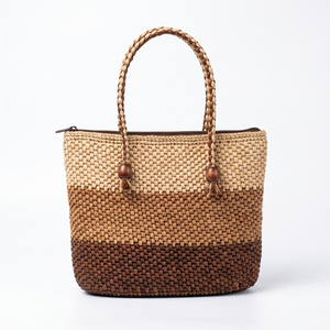 Sac seau en raphia fait main avec fermeture éclair, deux pompons, portable, en polyester, pour femme, pliable, décontracté, pour la plage et les voyages - Product Image 2