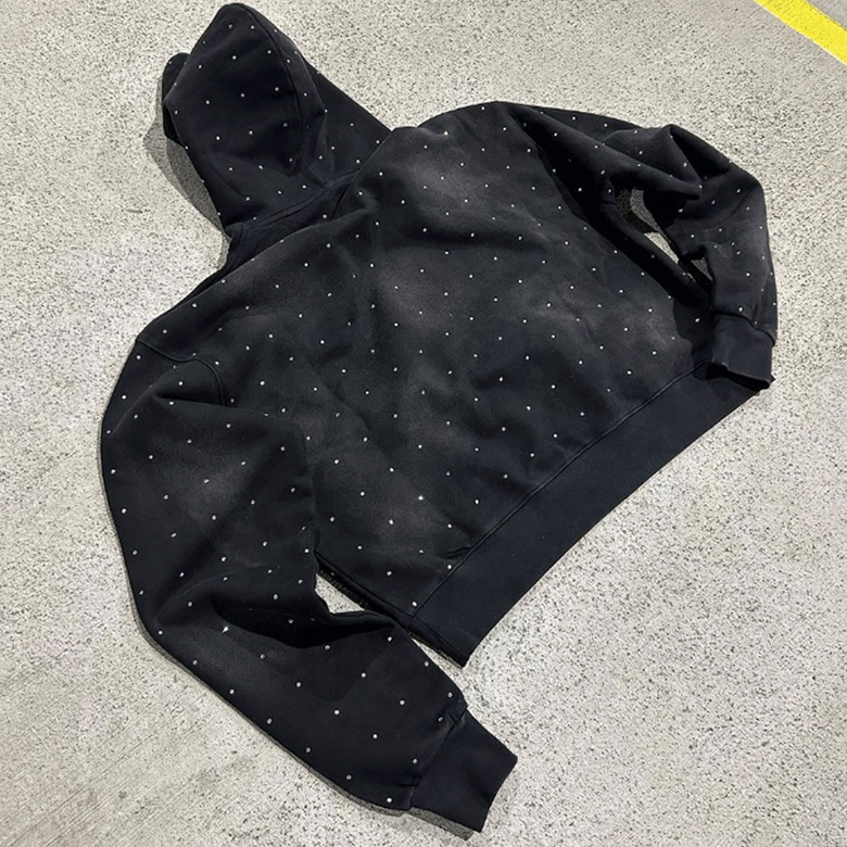 Yeni trend güneş soluk erkek özel Rhinestone tam baskı logosu tüm taklidi baskı siyah kazak Hoodies