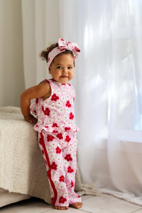 Ensemble 3 pièces pour fillette : Haut sans manches imprimé à volants, pantalon évasé et bandeau assorti – Vêtements d'été pour enfants en gros - Product Image 4