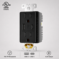 Prise murale de charge USB-C noire 15A, résistante aux manipulations, double prise 4.2A 5V DC 125V 60Hz, homologuée CULus