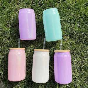 กระปุกแก้วเปล่าเคลือบสีรุ้งวิบวับ ขนาด 15 ออนซ์ พร้อมฝาไม้ไผ่และหลอดดูด สำหรับงานพิมพ์ DIY - Product Image 3