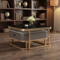 Table basse moderne minimaliste avec plateau en verre et structure métallique, tiroir de rangement grande capacité pour salons compacts et petits espaces