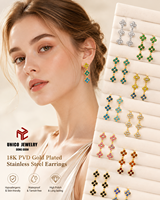 Anting Bunga Mewah Ringan Trendi Laris Manis Kristal Multiwarna Semanggi Perhiasan Baja Tahan Karat Lapis Emas 18K Pvd