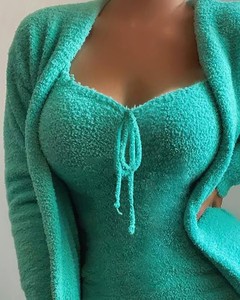 Autunno nuovi arrivi Plus Size Fuzzy Fleece Howe Wear Casual 2 pezzi tinta unita Fluffy Soft flanella Robe Set - Product Image 4