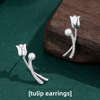 Boucles d'oreilles clous fantaisie en argent sterling 925 plaqué or rose, motif tulipe coquillage et perles d'imitation, pour femme