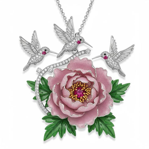 Collier à pendentif fin personnalisable Conception de diamant de pivoine de colibri sur mesure Pierre précieuse inspirée de pivoine de colibri personnalisée - Product Image 1