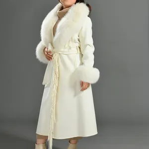 2021 nuovo Disegno Bianco di Lana Donna Cappotto di Frange di Lana Cashmere Cappotto di Inverno Reale della Pelliccia di Fox Del Collare Lungo di Modo Delle Donne del Cappotto