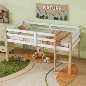 Solid <b>Wood</b> Children's <b>Bunk</b> <b>Bed</b> With Ladder And Guardrail Milky Color For Bedroom Kids' <b>Beds</b> - Product Image 3