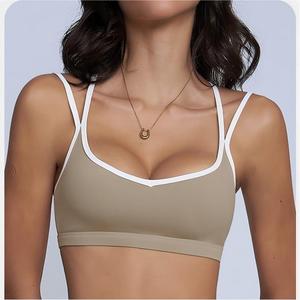 Contrast Trim V Neck Yoga Sports <b>Bra</b> Women Dual Thin Straps Crisscross <b>Back</b> Cropped Athletic Top for <b>Low</b> Impact Training Running - Product Image 3