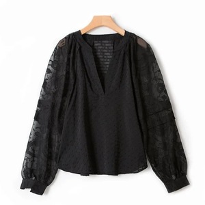2024 Soring nouveau chemisier <span class=keywords><strong>noir</strong></span> à col en V pour femmes conception en relief transparence <span class=keywords><strong>haut</strong></span> à manches longues - Product Image 5