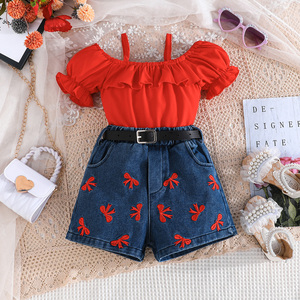 ชุดเสื้อผ้าเด็กผู้หญิงสไตล์ลำลองสุดหรู ระบายอากาศได้ดี ชุดสองชิ้น ปักลายสัตว์ แขนระบาย สำหรับเด็กอายุ 2-7 ปี แฟชั่นฤดูร้อนแบบสายเดี่ยว - Product Image 2