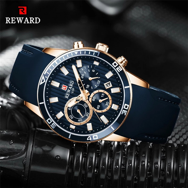 REWARD Mens Watches RD83005M Luxury Blue Quartz Watch Chronograph Men Silicone Waterproof Date Sport Wrist Watch Man Male Clock