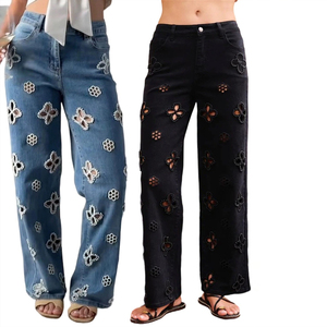 <span class=keywords><strong>Jean</strong></span> large <span class=keywords><strong>en</strong></span> denim élastique brodé et perlé, ajouré, tendance pour <span class=keywords><strong>femme</strong></span> - Product Image 1