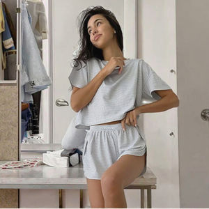 Conjunto de Ropa de Dormir y Casual de Verano para Mujer 2025, Estilo Europeo Americano, Cintura Elástica, Tejido de Punto, Rayas, Transpirable, Holgado - Product Image 3