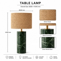 Lampe de table en marbre vert, abat-jour en rotin, base cylindrique en pierre foncée, décoration tropicale pour chambre à coucher, E27