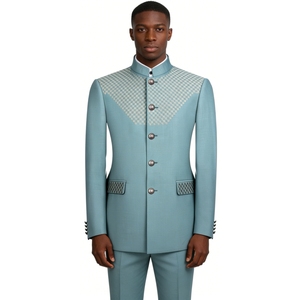 Completo da <span class=keywords><strong>Uomo</strong></span> con Colletto alla Coreana - <span class=keywords><strong>Blazer</strong></span> Formale con Dettagli a Quadri e Pantaloni Coordinati Set 2 Pezzi Sehe Fashionbisou - Product Image 2