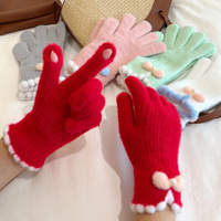 Gants tricotés pour femme avec nœud mignon, compatibles écran tactile, pour l'automne/hiver, pour étudiants et cyclistes - Gants chauds à cinq doigts