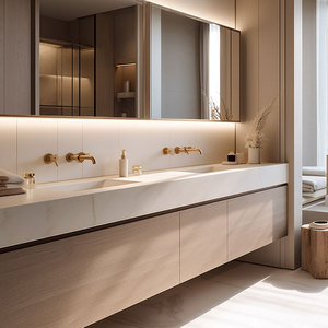 <span class=keywords><strong>Mobile</strong></span> <span class=keywords><strong>Bagno</strong></span> Sospeso in Legno Chiaro su Misura, Set <span class=keywords><strong>Mobile</strong></span> <span class=keywords><strong>Bagno</strong></span> a Parete <span class=keywords><strong>con</strong></span> Doppio Lavabo e Top in Pietra Sinterizzata - Product Image 4