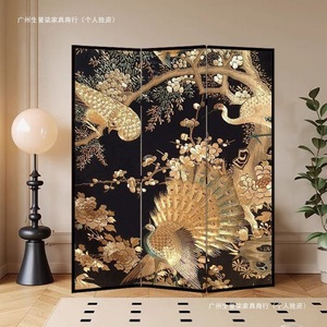 Folding <b>Screen</b> With Floral And Bird Pattern Gold Background 3 Panel Room Divider For Living Room Bedroom Office Entryway - Product Image 3
