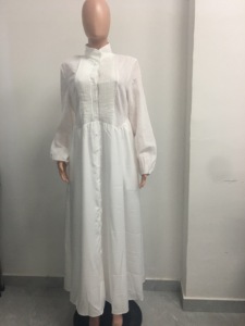 Vestido Maxi Blanco con Cuello Mandarín para Mujer - Manga Larga, Botones al Frente, Plisado, Estilo Boho, Ropa de Mujer, Vestidos de Moda - Product Image 4
