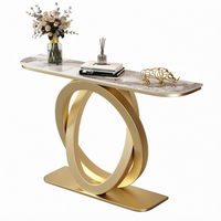 Table console semi-circulaire en marbre de luxe léger pour hall d'entrée, couloir d'hôtel, villa, salon, table de présentation avec base métallique