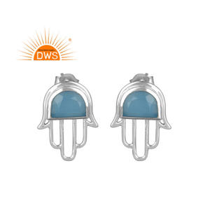 Pendientes de Plata de Ley con Calcedonia Azul, Diseño de Mano de Hamsa, Proveedor de Joyería, Colección Clásica - Product Image 1