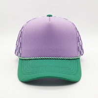 Gorra Trucker de 5 Paneles con Espuma y Malla, Cuerda, Bicolor Morado y Verde, Visera Curva, Corona Alta, Cierre Ajustable, Gorra de Béisbol para Verano