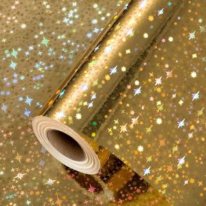 Yarcony Gold Wrapping Paper Roll 17 Inch X 33 Feet Holographic Star Pattern Double Side Metallized Paper For Holiday Gift <b>Wrap</b> - Product Image 1