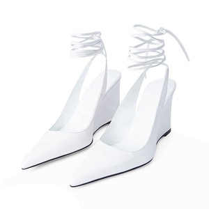 Women Green Ankle Lace up <b>High</b> Wedge <b>Heels</b> Pointy Toe Dress Shoes Office Lady <b>Sexy</b> Wedges Sandals Custom Logo - Product Image 2