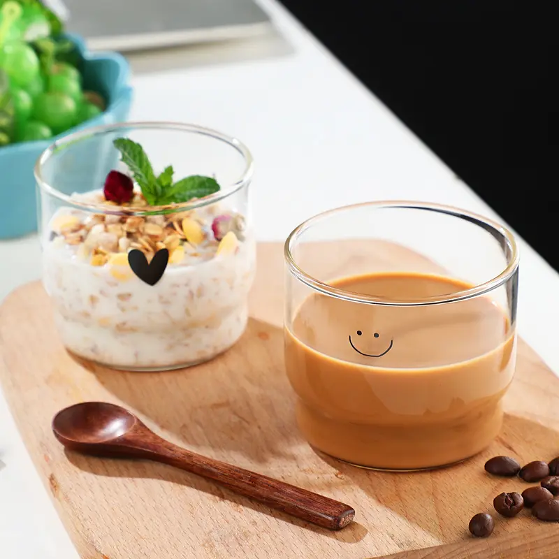 El yapımı ısıya dayanıklı cam kahve süt kupası katlanabilir gülen yüz aşk cam içecek puding kasesi sevimli küçük kase