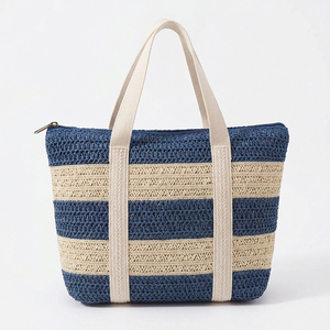 Sac fourre-tout en paille tressée <span class=keywords><strong>bicolore</strong></span> de qualité supérieure avec poignée renforcée en sangle pour la plage estivale et les courses quotidiennes - Product Image 1