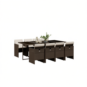 Ensemble de salle à manger de jardin en polyrotin brun, 8 places, pliable, mobilier de jardin, style contemporain - Product Image 1