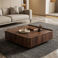 Table basse carrée de style moderne du milieu du siècle, placage en noyer, plateau en parquet géométrique, tiroirs de rangement, table centrale minimaliste pour salon