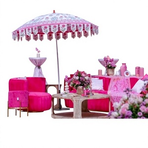 Parasols de plage et de jardin imprimés à la main avec pompons, sacs de transport pour parasols de plage en bois, style vintage avec bord arrondi - Product Image 1