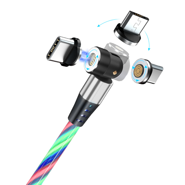 Hot Selling 2M 540 Degree Rotation 3 In1 Fast Charging Cable Led Luminous Flowing USB Magnetic Charging Data Cable for Phone