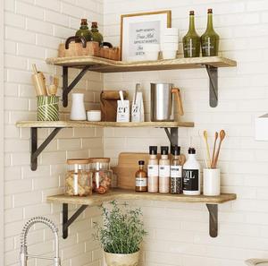 Kệ gỗ treo tường ba tầng kiểu rustic, kệ sách kim loại nghệ thuật cho phòng khách, phòng tắm, kệ góc treo tường - Product Image 5