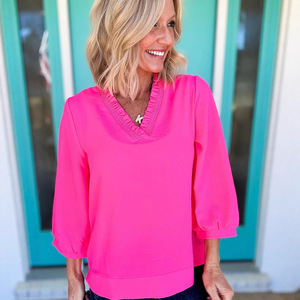 Hot Selling <strong>Neon</strong> <strong>Pink</strong> V Neck Three Quarter Sleeve Loose Casual Women Blouse <strong>Top</strong> Stock Wholesale - Product Image 5