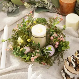 Easter Candlesticks Round Glass Light Holder With Eggs Flower Candle Rings For Home Table Centerpiece Decor