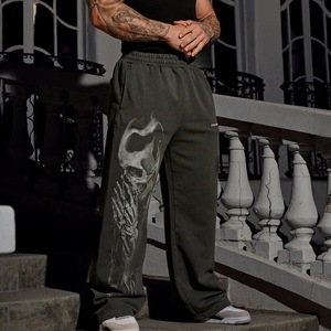 Pantalones Deportivos Estampados Verde Oscuro para Hombre con Diseño de Calavera, Cintura Elástica, Estilo Urbano - Product Image 1