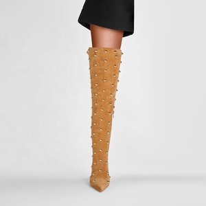 Bottes d'hiver à bout pointu, bottes au-dessus du genou en faux daim à carreaux, talon aiguille haut, bottes sexy pour femmes, bottes hautes à effet froissé - Product Image 3