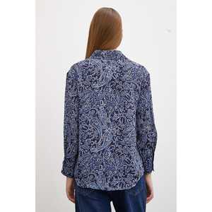 Camisa de Satén para Mujer, Estampado Floral, Azul Marino, Cierre de Botones, Uso Diario Informal - Product Image 4